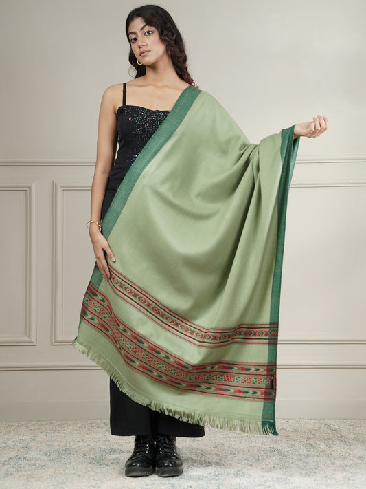 Woollen Plain Kullu Warm Shawl with Border Design | Light Green