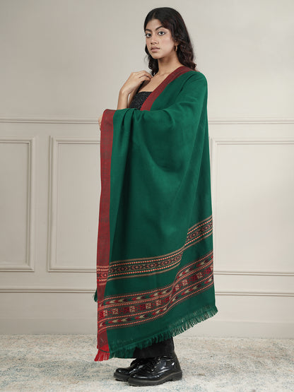 Woollen Plain Kullu Warm Shawl with Border Design | Dark Green