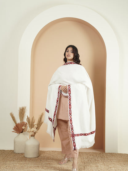 Woollen Plain Shawl with Single Woven Kullu Border | White