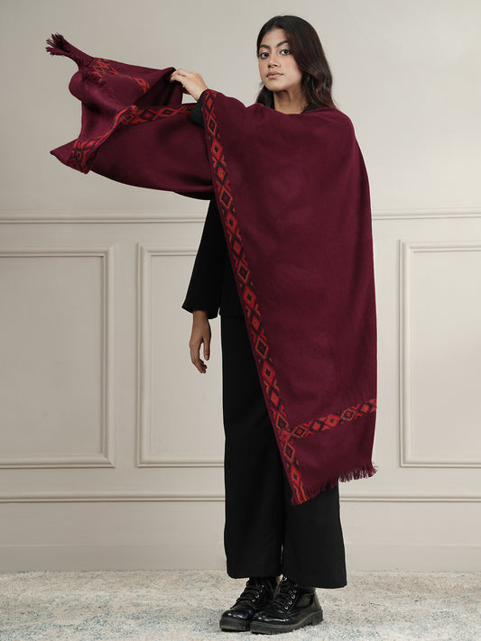 Woollen Plain Shawl with Single Woven Kullu Border | Maroon