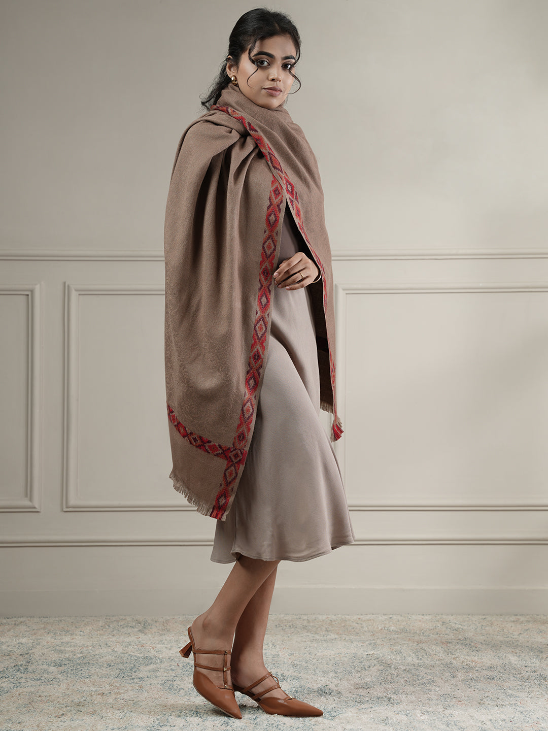 Woollen Plain Shawl with Single Woven Kullu Border | Brown