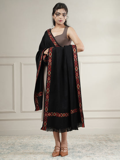 Woollen Plain Shawl with Single Woven Kullu Border | Black