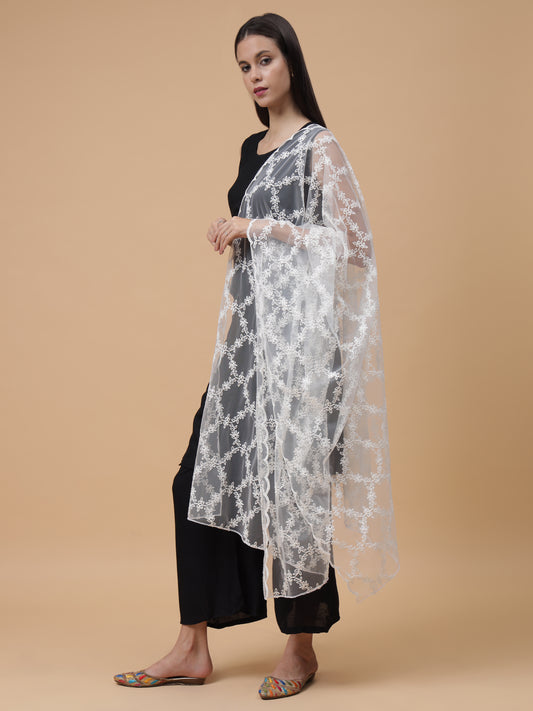 Embroidered Net Dupatta for Women | White