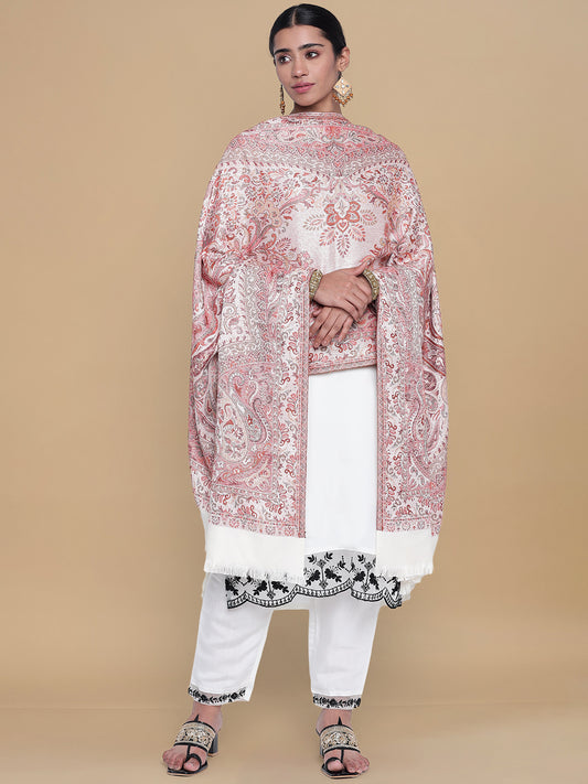 Jamawar Woollen Woven Shawl for Women in Kullu Stripes | White