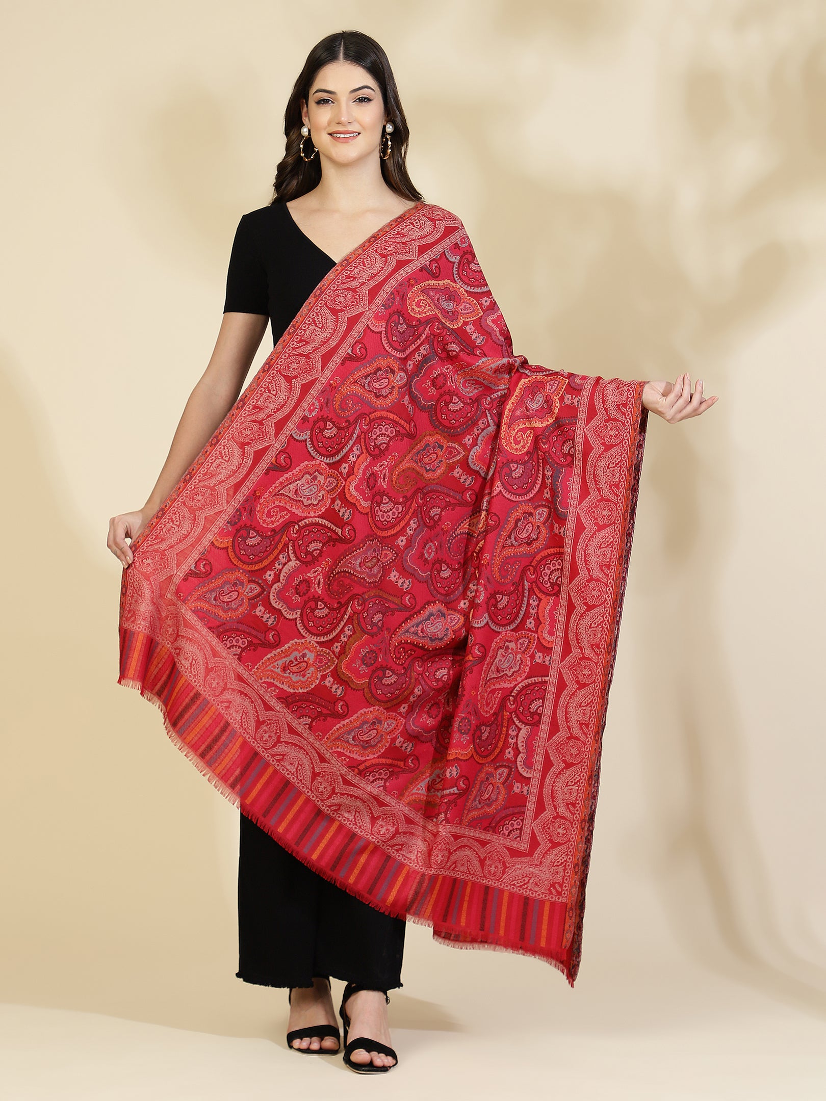 Kani Paisley Weave Pure Wool Shawl For Women | Maroon