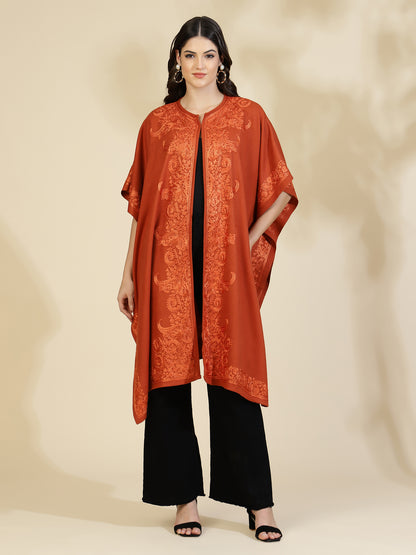 Floral Embroidery Rust Pheran Shrug