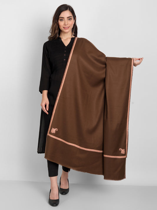 Fine Sozni Embroidery Daur Kashmiri Wool Shawl | Coffee