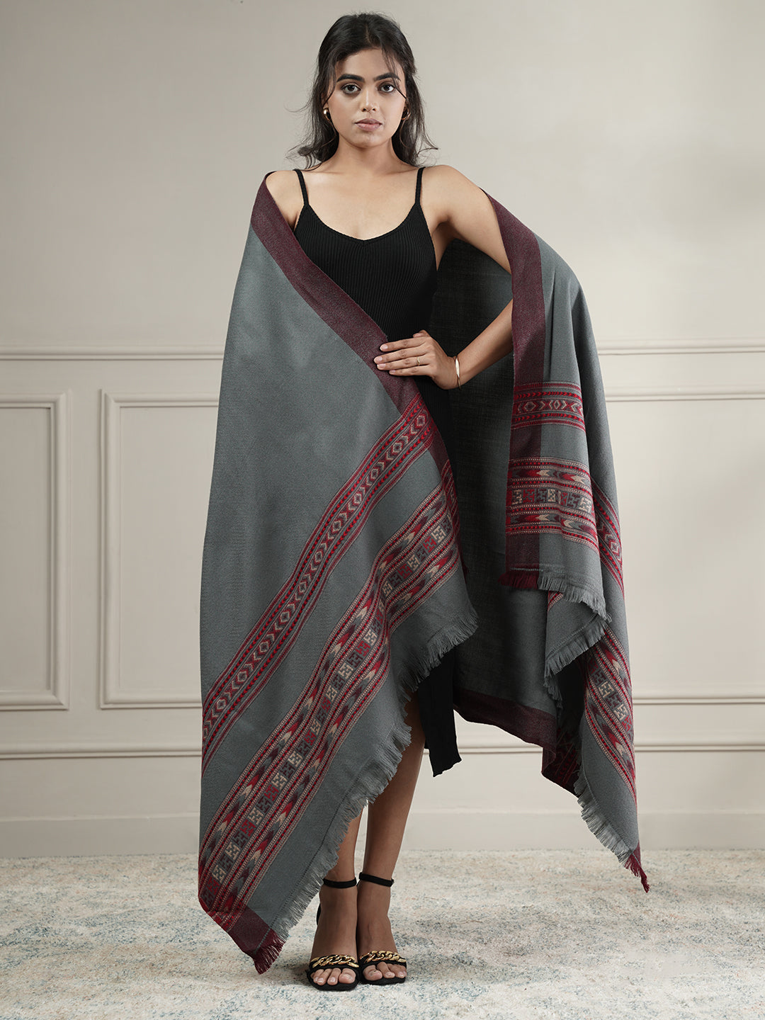 Woollen Plain Kullu Warm Shawl with Border Design | Grey
