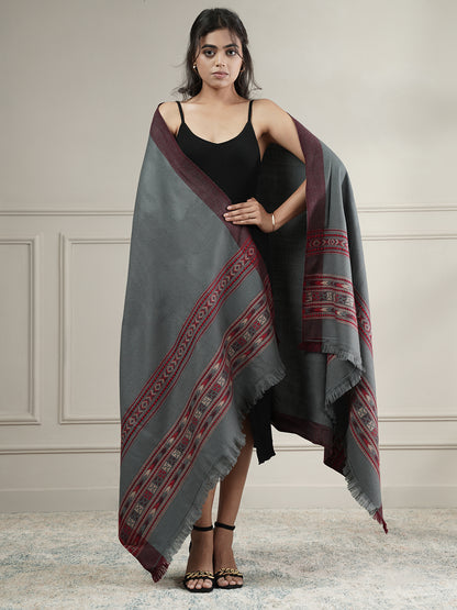 Woollen Plain Kullu Warm Shawl with Border Design | Grey