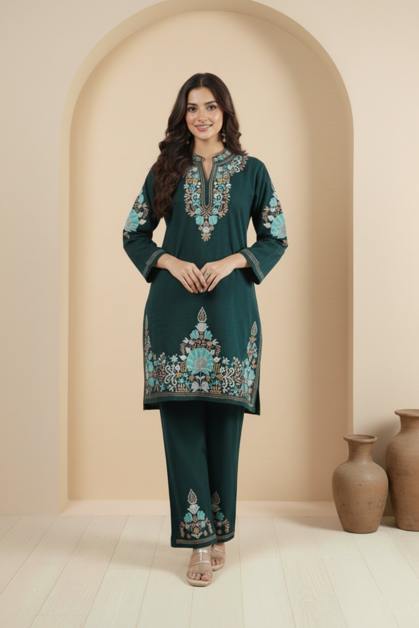 Floral Knitted Aari Embroidery Coord Set | Teal