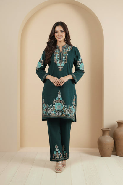 Floral Knitted Aari Embroidery Coord Set | Teal