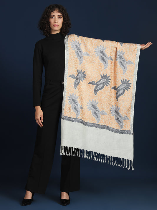 Woollen Pashmina Feel Stole in Silk Embroidery for Women | White