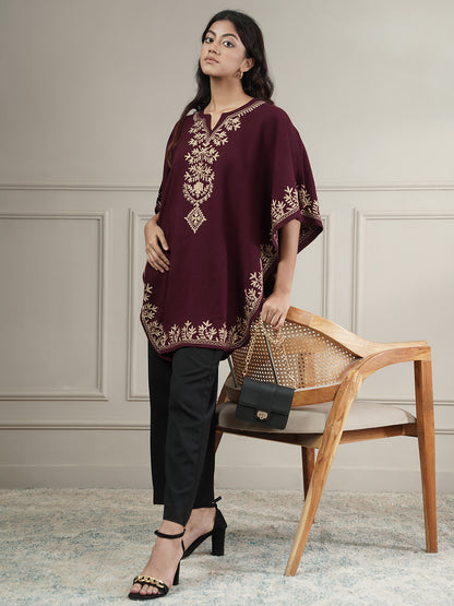 Woollen Aari Embroidered Kaftan Style Poncho for Winter | Wine