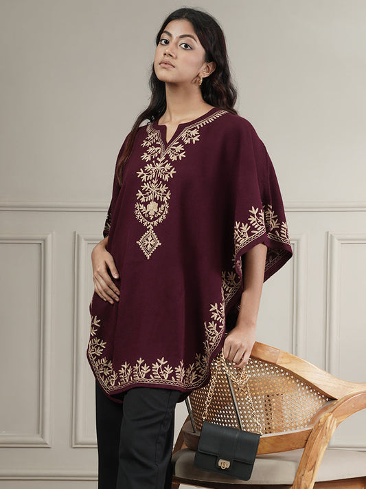 Woollen Aari Embroidered Kaftan Style Poncho for Winter | Wine - view 5