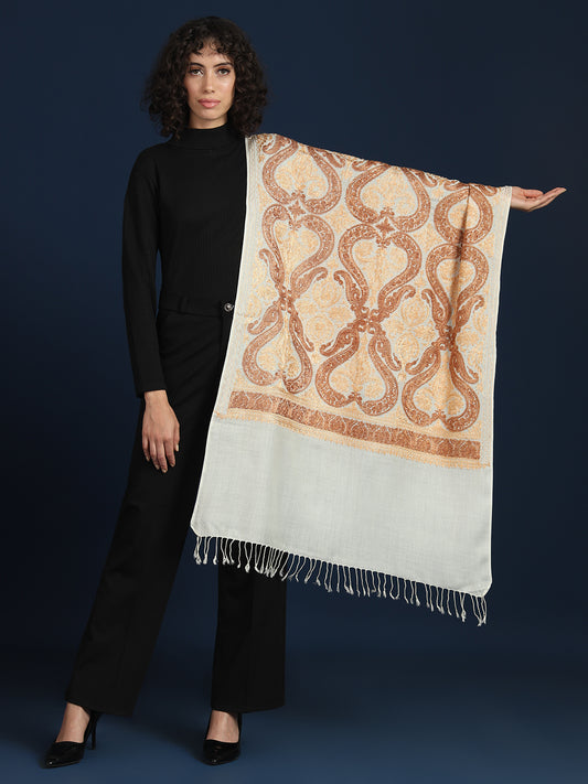 Woollen Pashmina Feel Stole in Silk Embroidery for Women | White