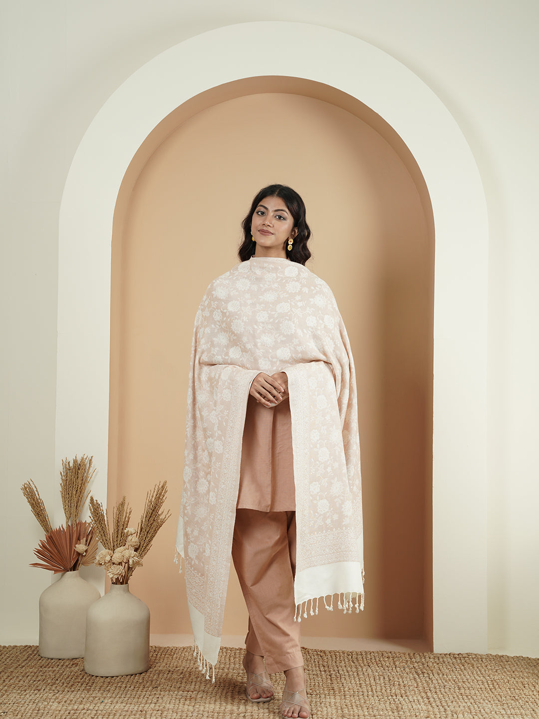 Premium Kani Reversible Woollen Shawl for Women with Floral Patterns and Tasselled Border | White