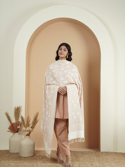 Premium Kani Reversible Woollen Shawl for Women with Floral Patterns and Tasselled Border | White