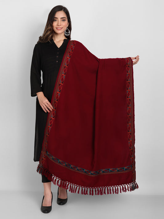 Kullu Himalayan Striped Border Shawl for Women | Maroon