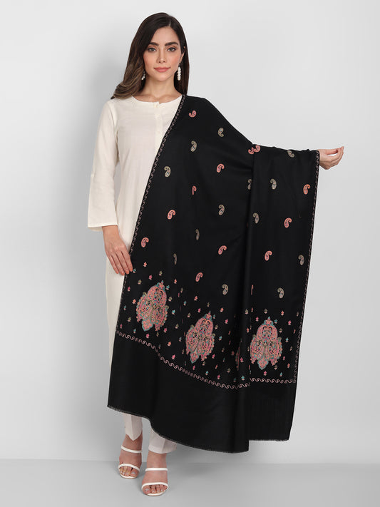 Fine Embroidery Paper Mache Kashmiri Wool Shawl | Black