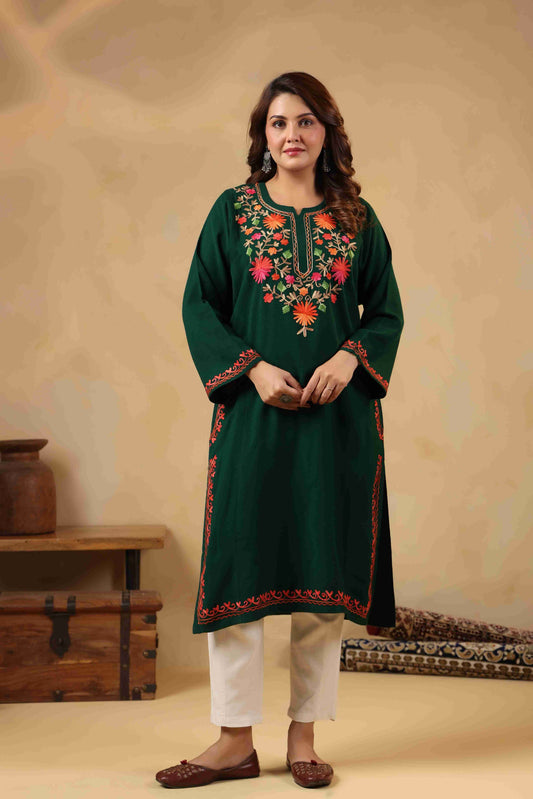 Multicolor Aari Embroidery Kashmiri Pheran | Green