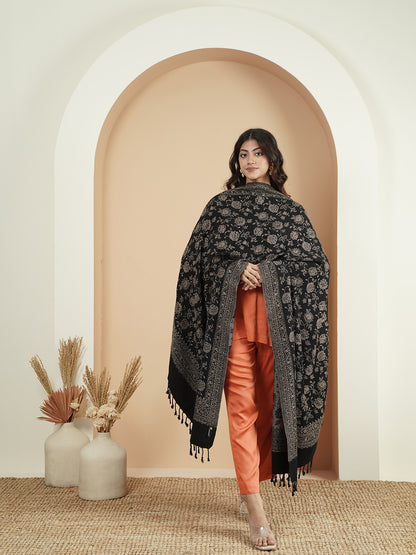 Premium Kani Reversible Woollen Shawl for Women with Floral Patterns and Tasselled Border | Black
