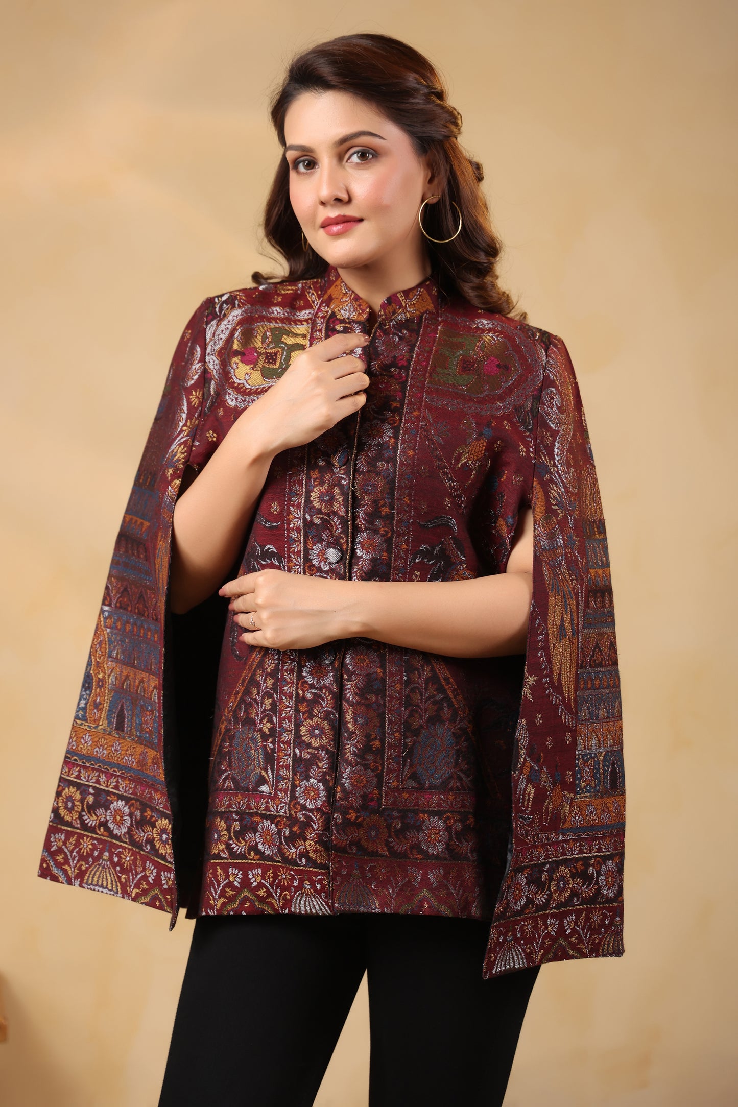 Women Woven Zari Darbar Royal Woollen Luxury Cape Jacket | Wine