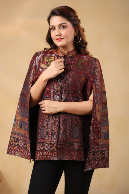 Women Woven Zari Darbar Royal Woollen Luxury Cape Jacket | Wine