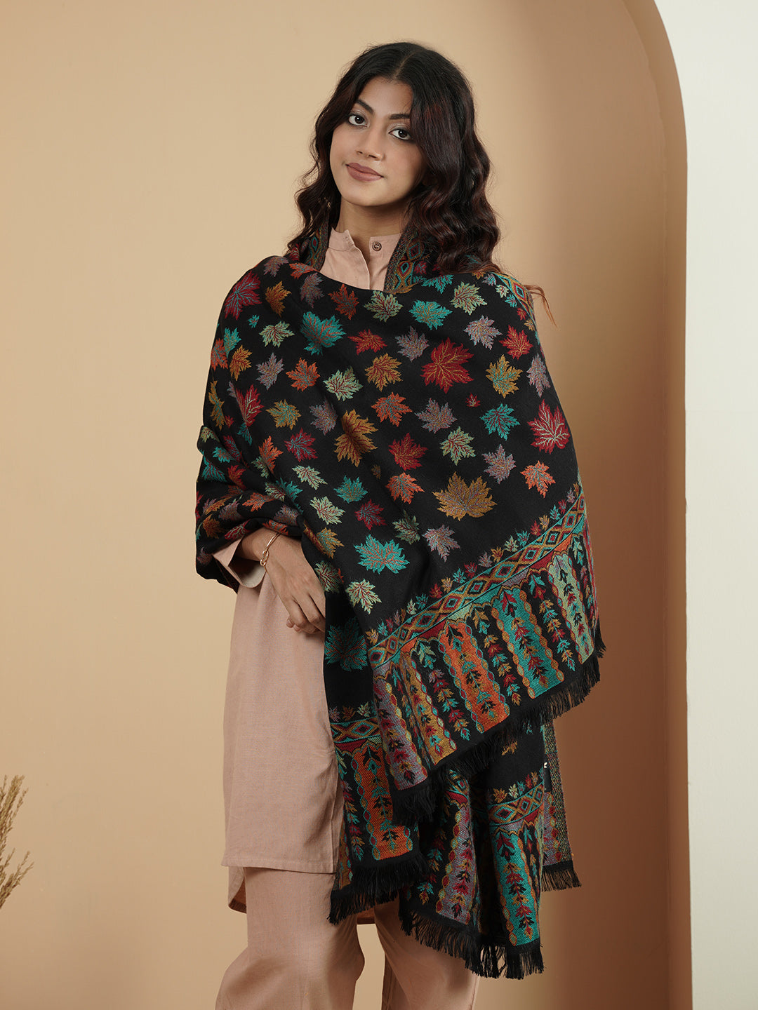 Woollen Kani Shawl with Multicolor Chinar Leaf Embroidery and Fringed Border | Black