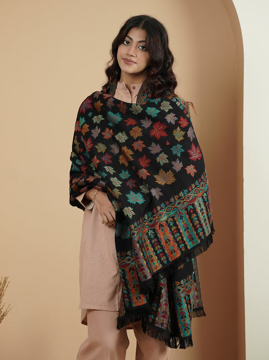 Woollen Kani Shawl with Multicolor Chinar Leaf Embroidery and Fringed Border | Black