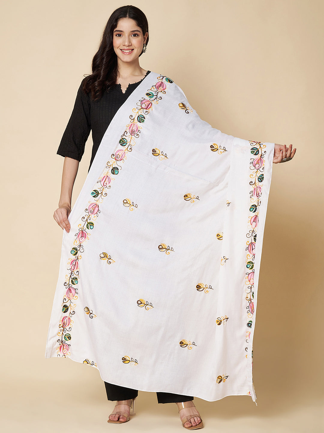 Floral Embroidered Rayon Dupatta for Women | White