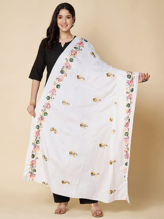Floral Embroidered Rayon Dupatta for Women | White