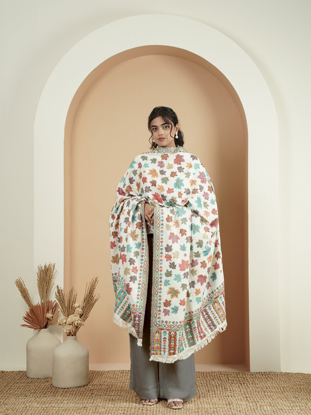 Woollen Kani Shawl with Multicolor Chinar Leaf Embroidery and Fringed Border | White