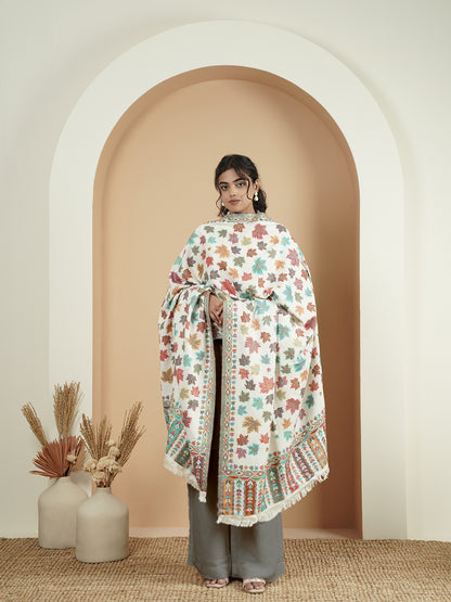 Woollen Kani Shawl with Multicolor Chinar Leaf Embroidery and Fringed Border | White