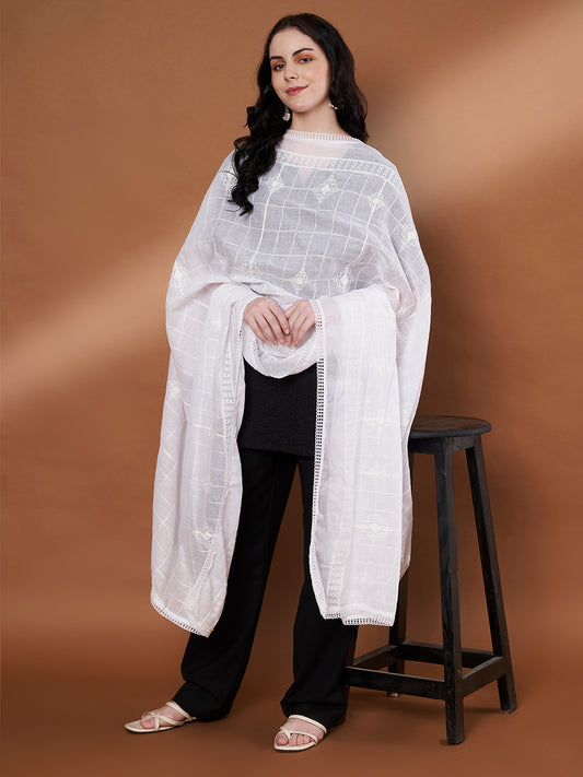 Checkered Self Embroidery Cotton Dupatta for Women | White