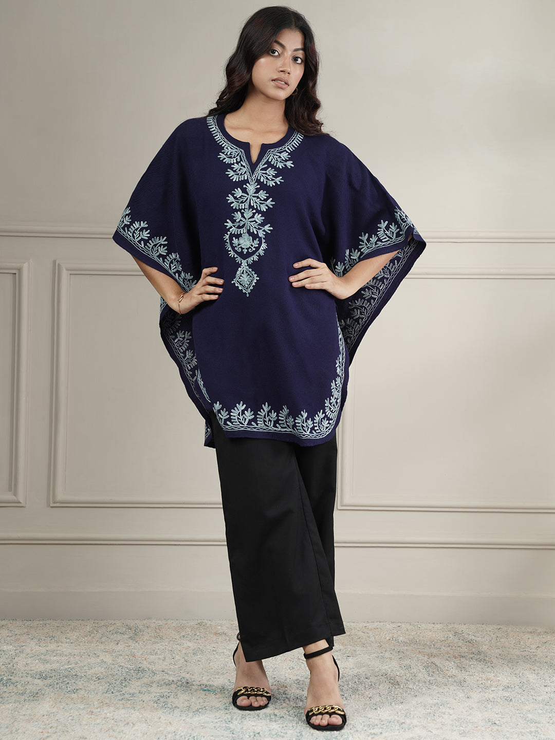 Woollen Aari Embroidered Kaftan Style Poncho for Winter | Navy Blue