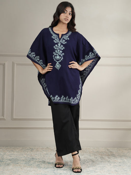 Woollen Aari Embroidered Kaftan Style Poncho for Winter | Navy Blue