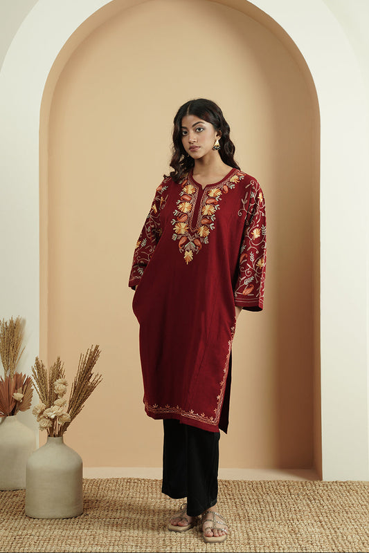 Multicolor Aari Embroidery Kashmiri Pheran | Maroon