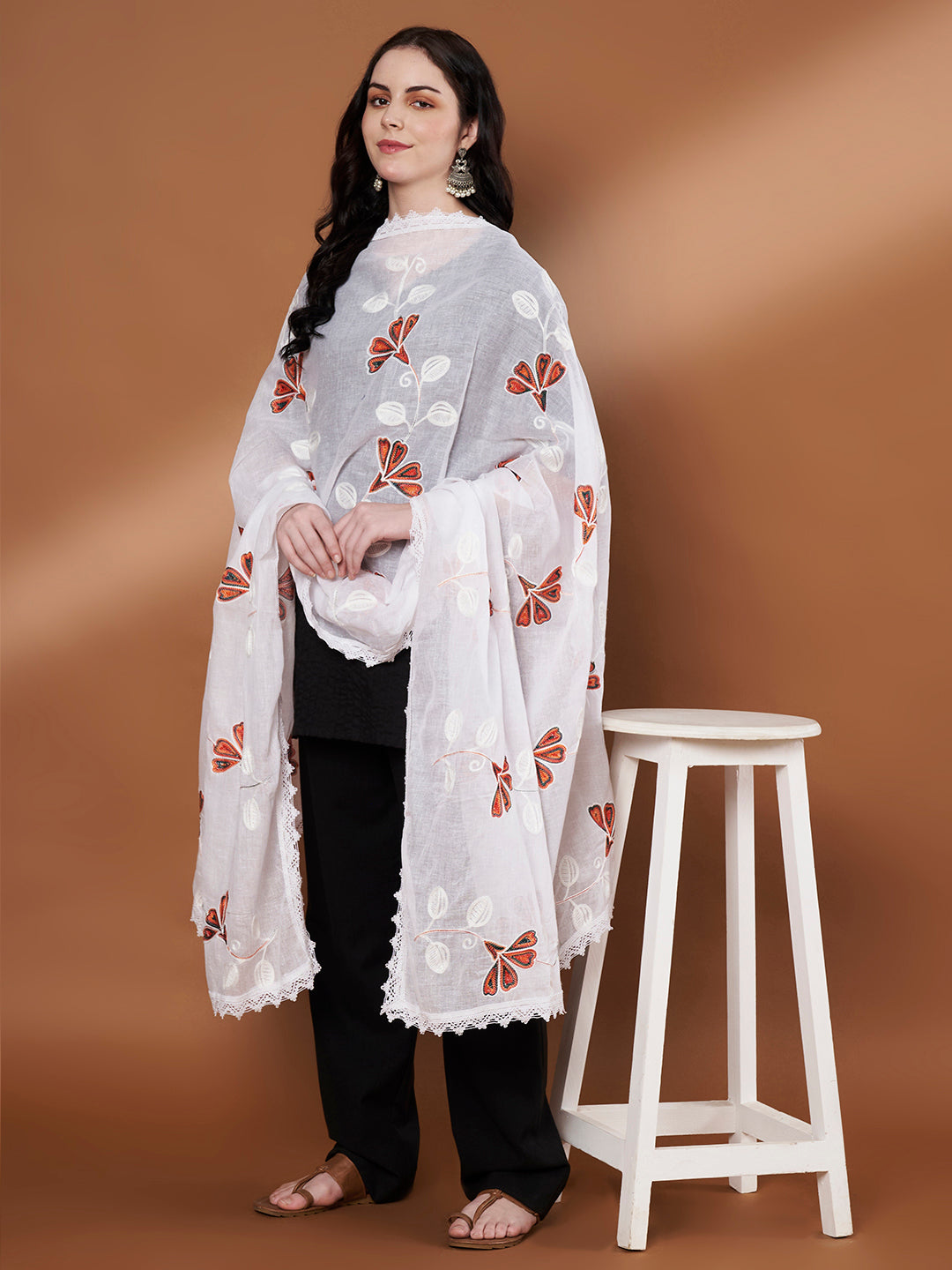 Colorful Embroidery Pure Cotton Dupatta for Women | White