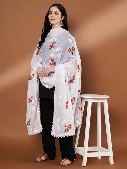 Colorful Embroidery Pure Cotton Dupatta for Women | White