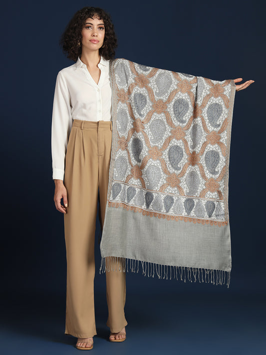 Woollen Pashmina Feel Royal Stole in Silk Embroidery Dense Jaal for Women | Brown