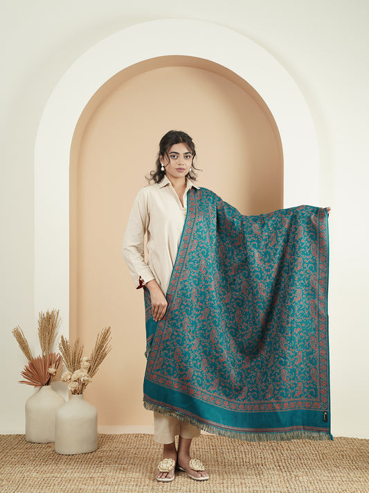 Woollen Kani Shawl with All-Over Kashmiri Paisley & Floral Woven Patterns with Fringed Border | Blue