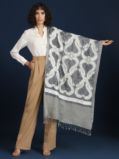 Woollen Pashmina Feel Stole in Silk Embroidery for Women | Grey