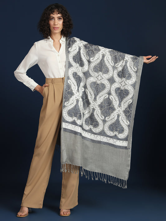 Woollen Pashmina Feel Stole in Silk Embroidery for Women | Grey
