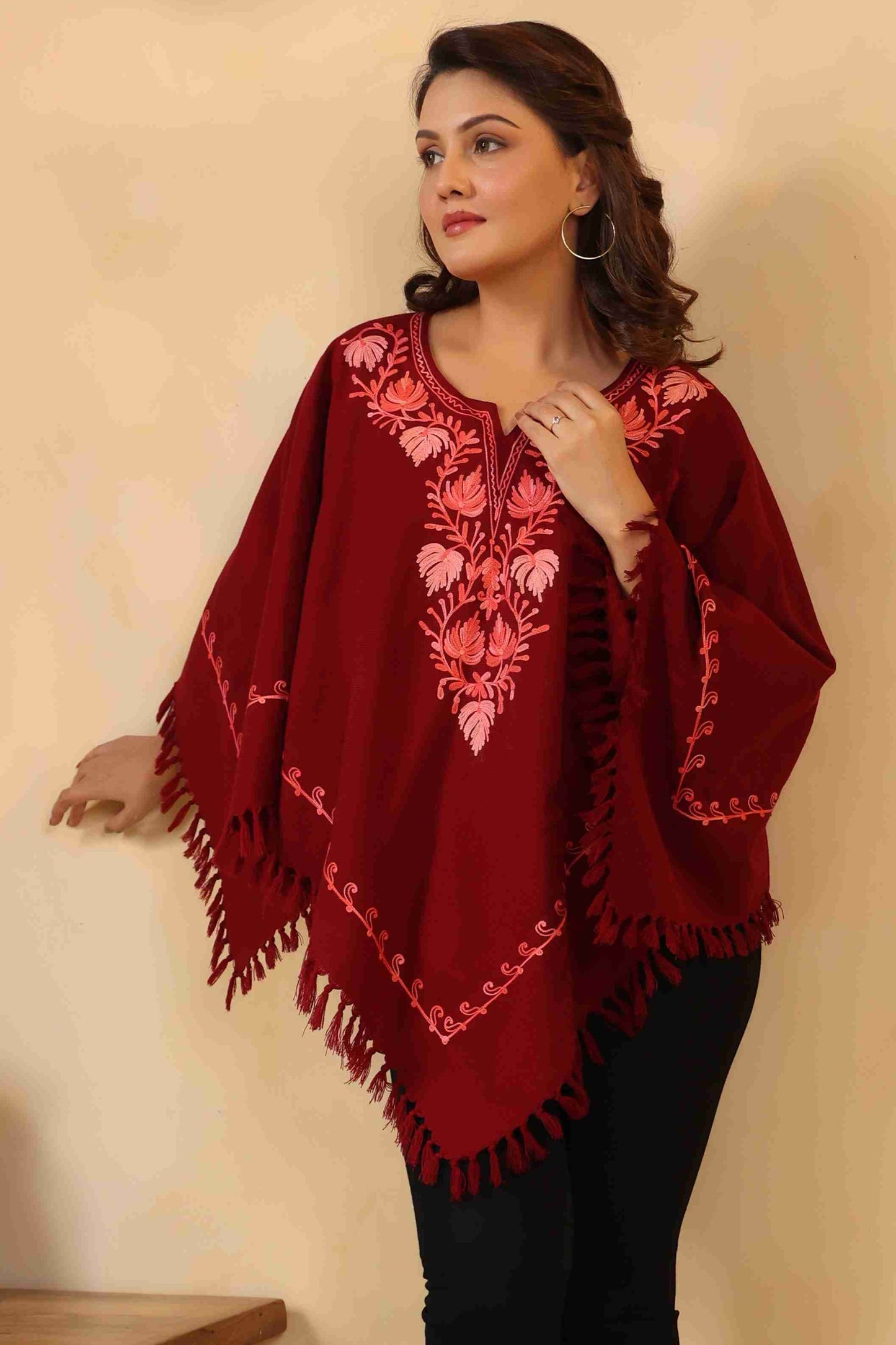 Woollen Poncho Top with Kashmiri Chinar Neck Hand Embroidery  and Inner Lining | Maroon