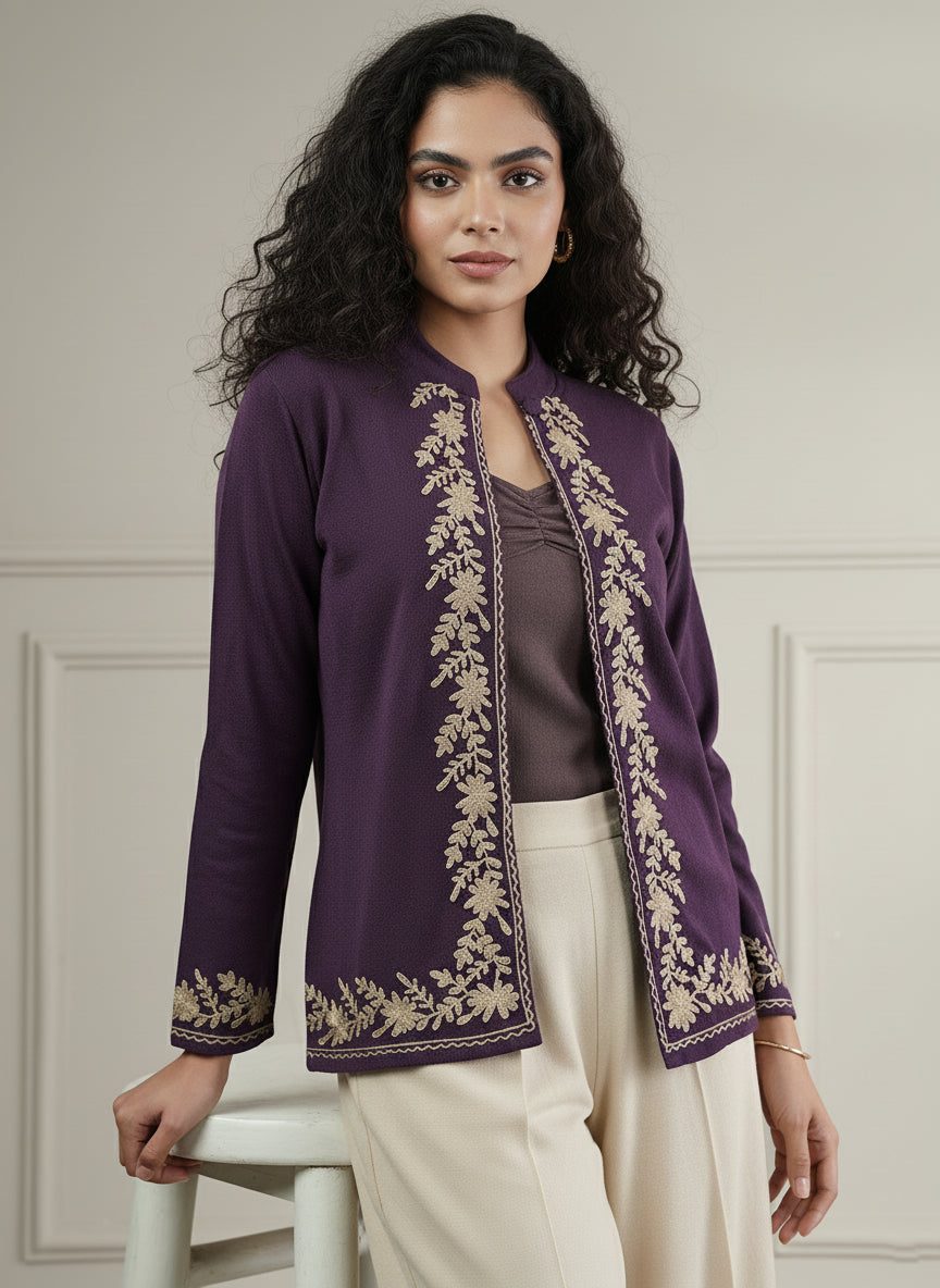 Knitted Short Shrug with Zari Embroidery | Purple