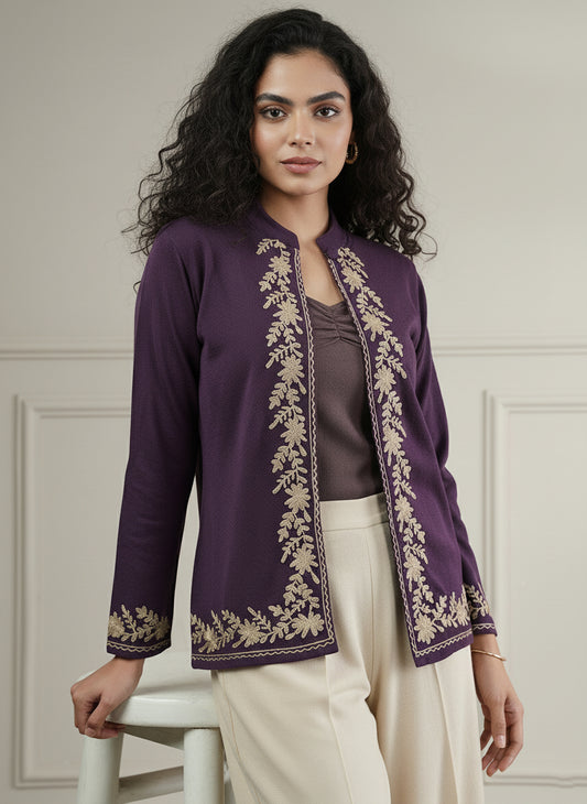Knitted Short Shrug with Zari Embroidery | Purple