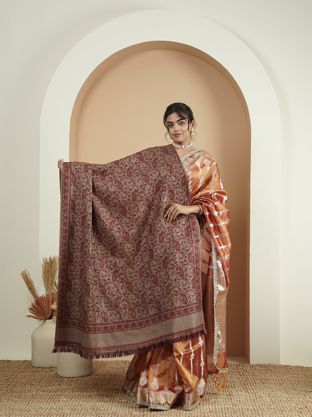 Woollen Kani Shawl with All-Over Kashmiri Paisley & Floral Woven Patterns with Fringed Border | Brown