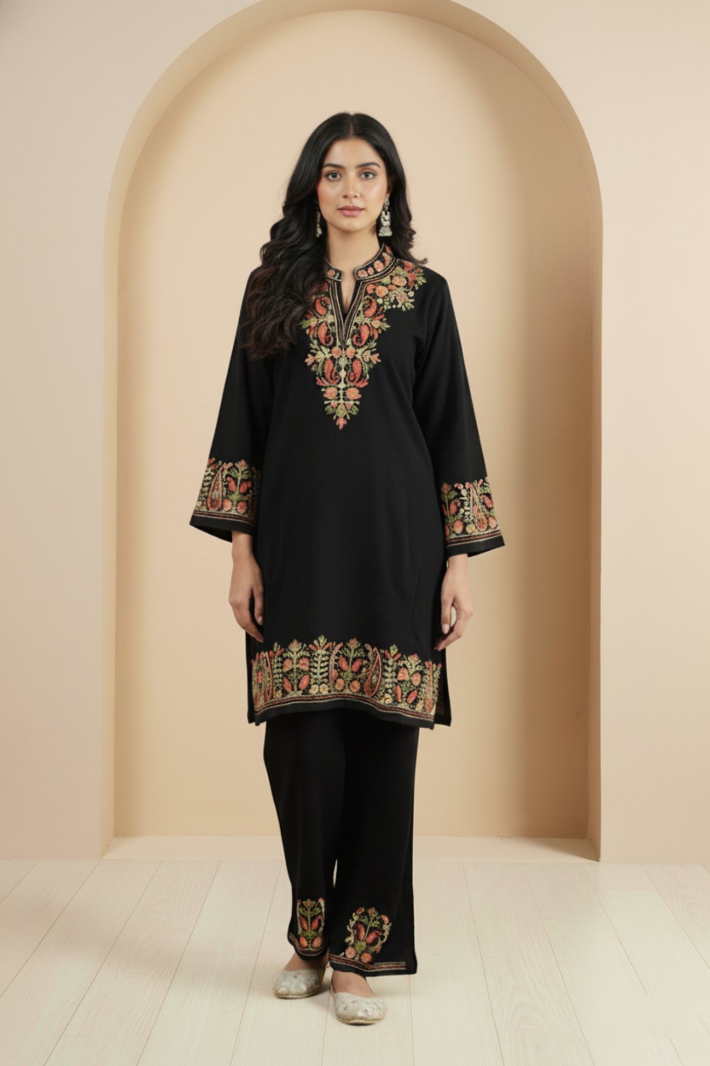 Floral Knitted Aari Embroidery Coord Set | Black