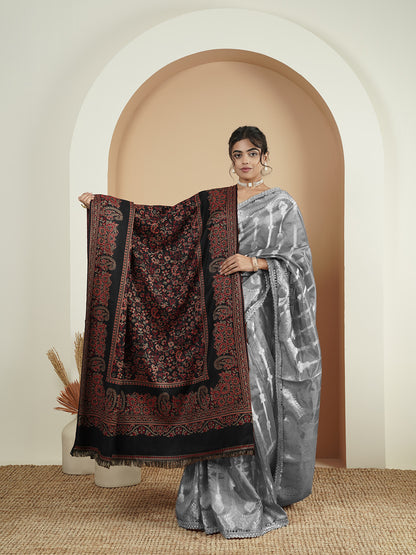 Woollen Kani Shawl with Traditional Kashmiri Floral & Paisley Woven Design | Black