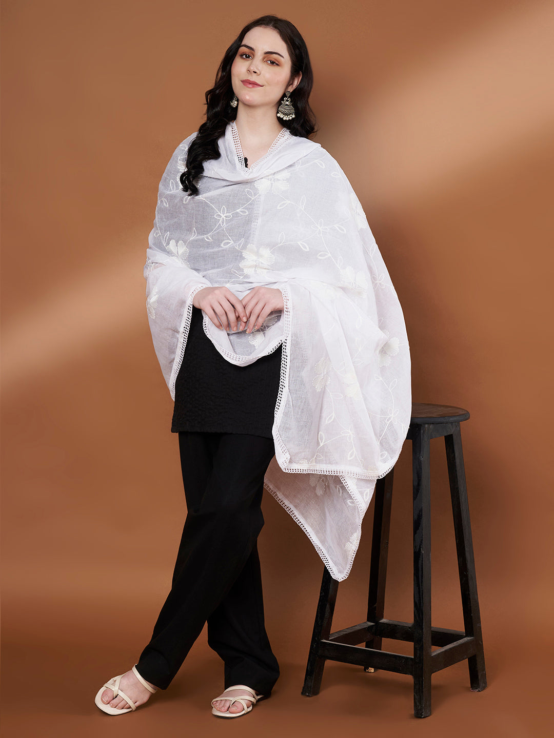 Floral Self Embroidery Cotton Dupatta for Women | White